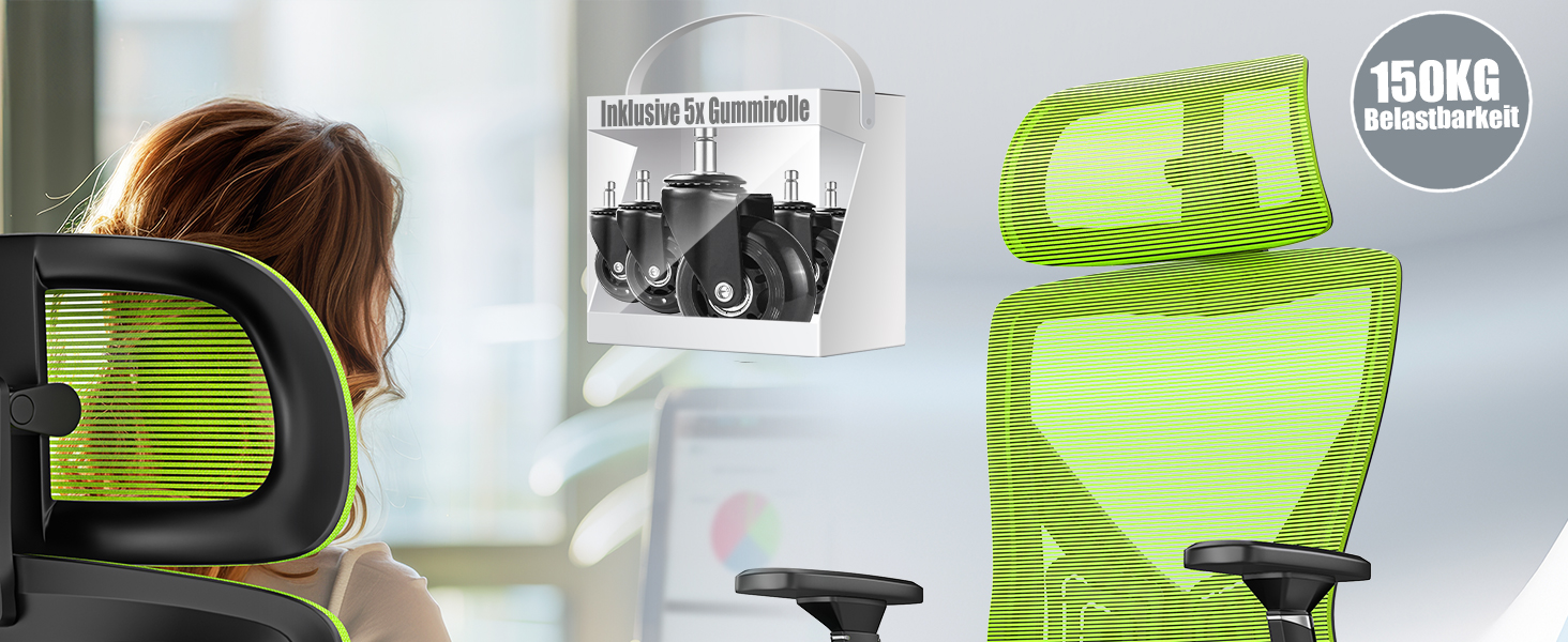 Крісло офісне KESSER® ергономічне з регульованими підлокітниками, підтримкою попереку та підголівником. Офісне крісло з функцією гойдання до 125° та 5 роликами. Зелений/Сріблястий колір