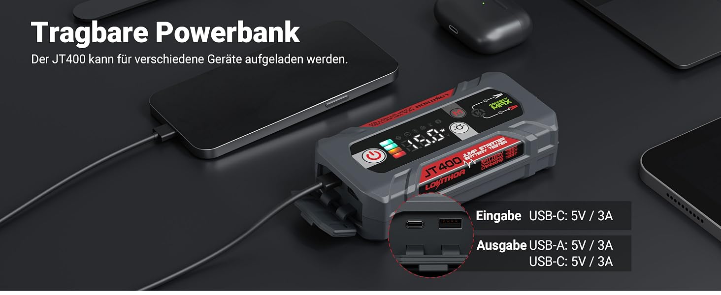 Пусковий пристрій (бустер) LOKITHOR JT400 Starter Powerbank 2500A з тестером акумулятора 100–2000 CCA