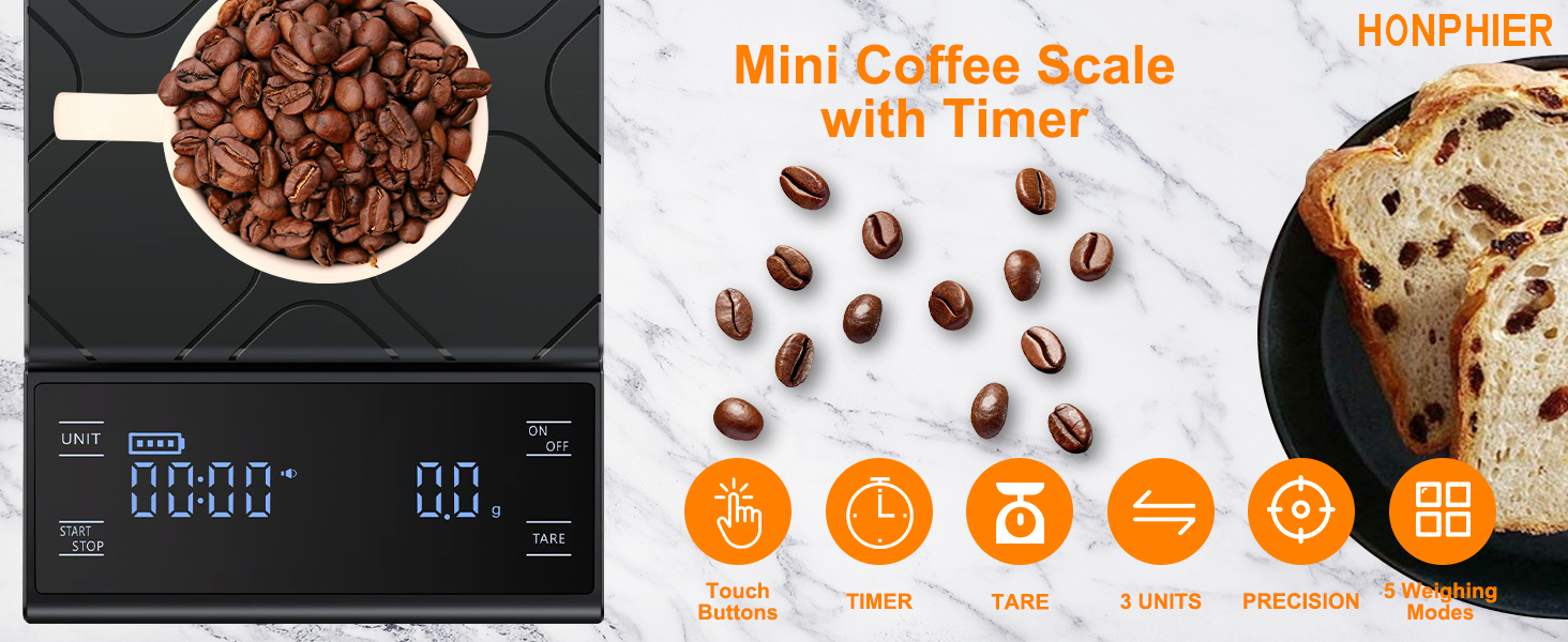 Міні ваги для кави HONPHIER з таймером, 5 кг/0,1 г, LED-дисплей, сенсорне керування, чорний
