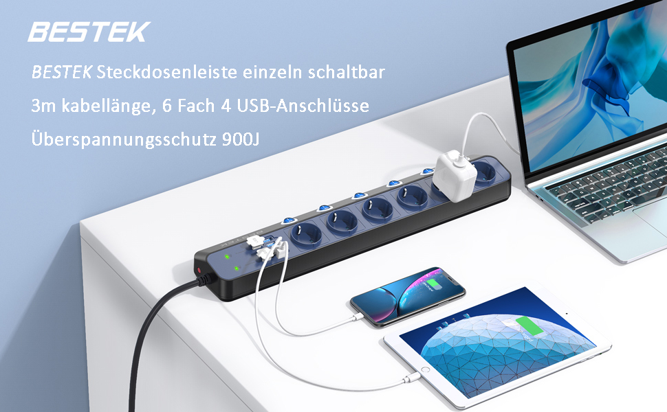 BESTEK Розподільник розеток 6-фазний з USB, захист від перенапруги 900 Дж, настінний, з вимикачем, синьо-білий, кабель 3 м