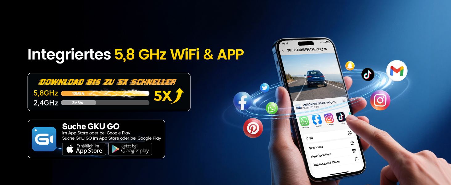 Автомобільний відеореєстратор GKU 4K+1080P (передній та задній), 5GHz WiFi, з карткою пам'яті 64GB, глянцевий чорний