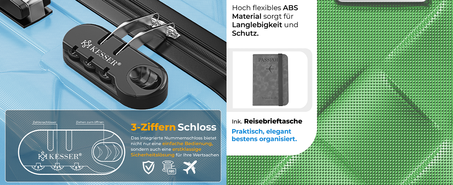 Набір валіз KESSER® 3 шт. | Валізи з ABS-пластику з кодовим замком, ваговою шалькою та органайзером для документів | Ручна поклажа та великі валізи для подорожей та бізнесу, ролики 360°, колір Білий Сніг
