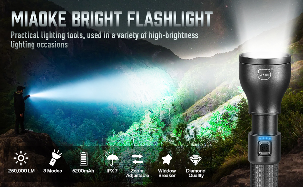 Ліхтарик LED MIAOKE 250000 люмен - надпотужний, перезаряджається, 3 режими, для полювання, кемпінгу, надзвичайних ситуацій