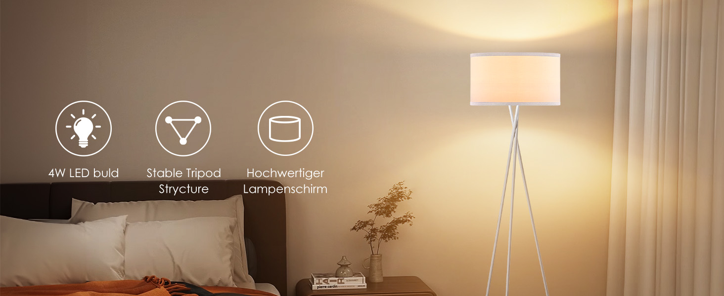 Стійка лампа Home Sweet Home Retro з металу та абажуром білого кольору | 138 см, E27, 4W, 2700K | для спальні