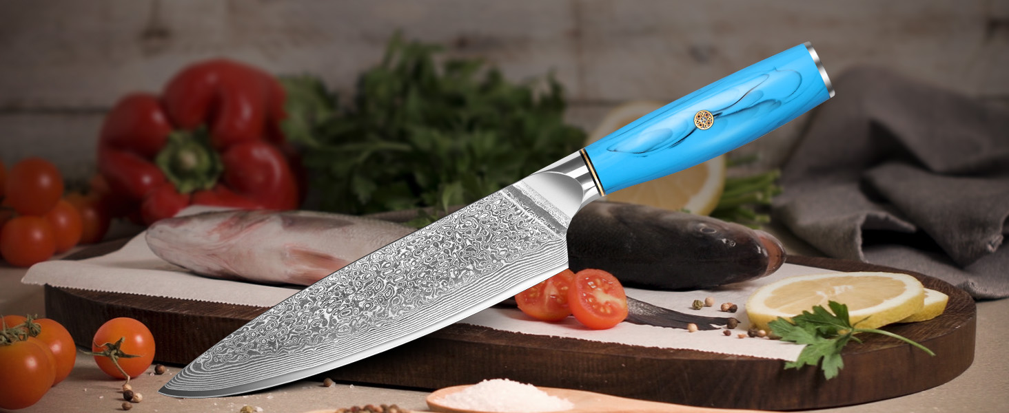 Ніж шеф-кухар Kiritsuke з дамаської сталі Home Safety, 18.8 см, VG-10, ергономічна ручка з натуральної смоли, подарункова коробка