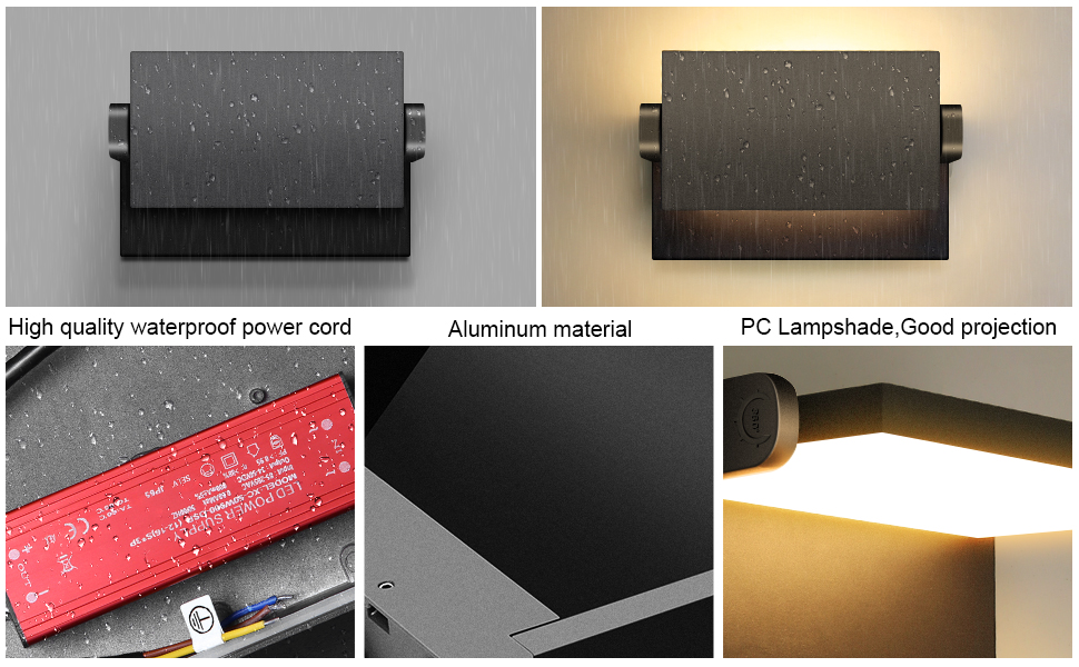 LED-водостійка настінна лампа 60W, 5000 Lm, 3000K, поворотна 360°, IP65, для тераси, входу, саду (чорний)