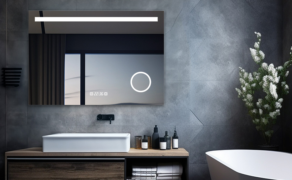 MIQU LED дзеркало для ванної кімнати з підсвічуванням 80x60 см, з розеткою, годинником, сенсорним керуванням, регулюванням яскравості, 3 кольори світла, антизапарник, збільшення, для ванної кімнати, туалету, коридору