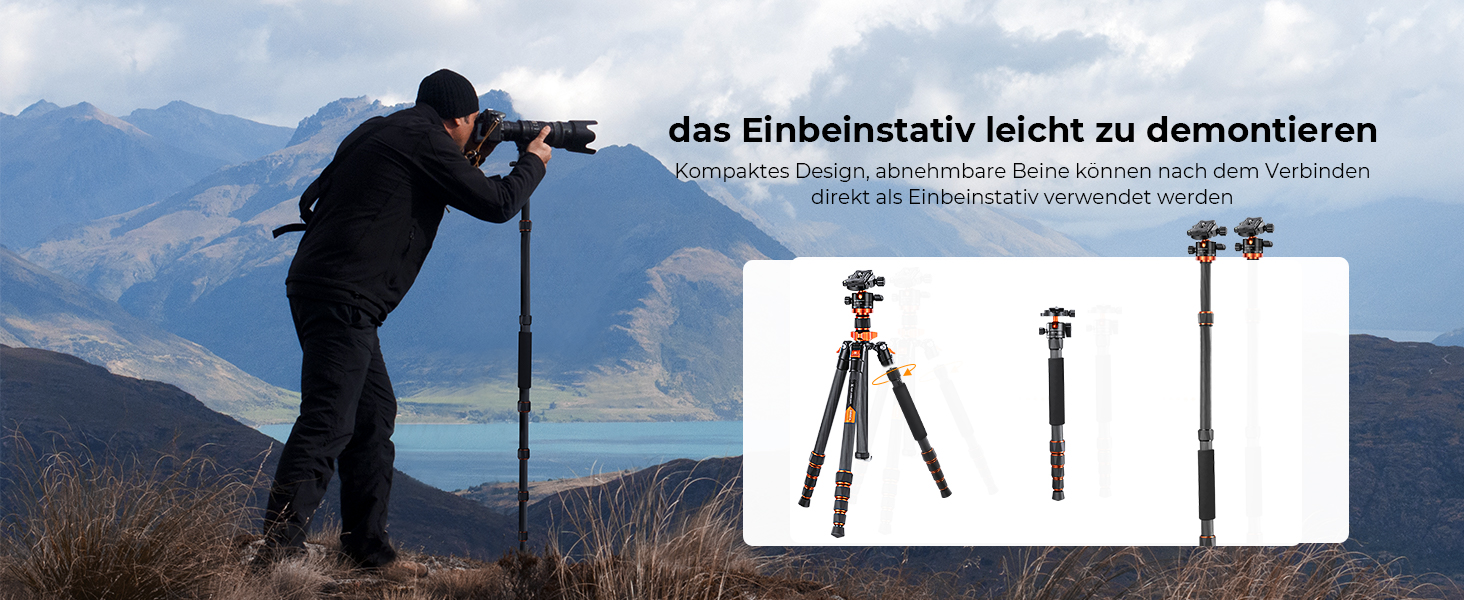 Штатив K&F Concept 172см з вуглецевого волокна, D255C4(SA255C1) - компактний штатив для камери/телефону, легкий трипод з функцією монопода, 1/4” гвинт, туристичний штатив з кульковою головкою 360° для DSLR, до 10кг