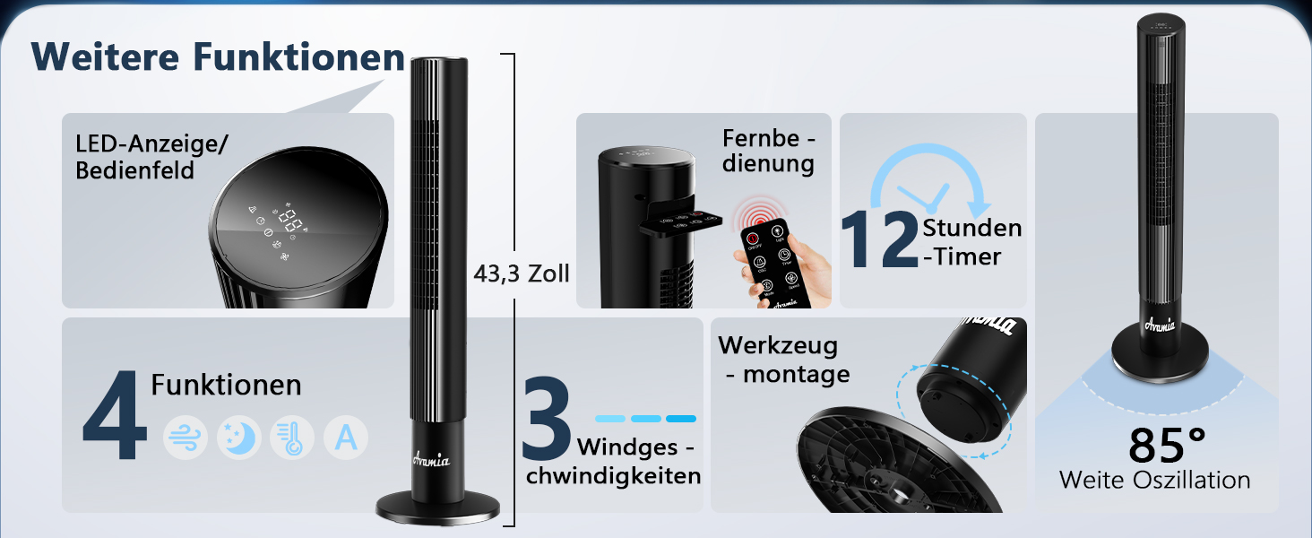 Безлопатевий вентилятор вежа Leiser 110 см, 26 дБ, 3 швидкості, LED-дисплей, таймер 12 год для спальні, вітальні, офісу