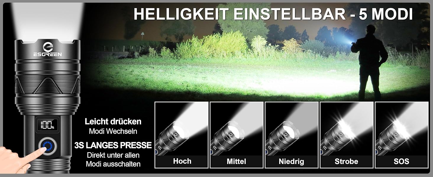 LED ліхтарик Esgreen 500000 люменів - тактичний, потужний, з USB-C, зумом, 5 режимів, для кемпінгу та безпеки