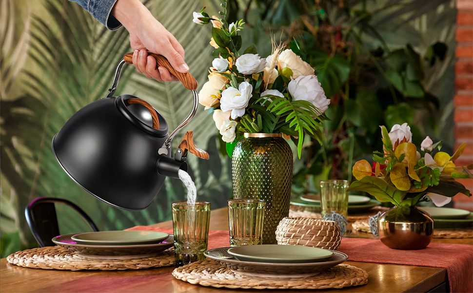 Чайник заварний з нержавіючої сталі 3л з дерев'яною ручкою та свистком, ретро стиль для плити (газ, індукція)