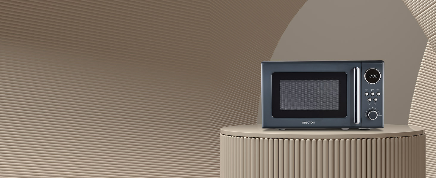 Мікрохвильова піч MEDION Retro (20 л, 800 Вт, 5 рівнів, 8 програм, цифровий дисплей, розморожування, компактна, сіра, MD15000)