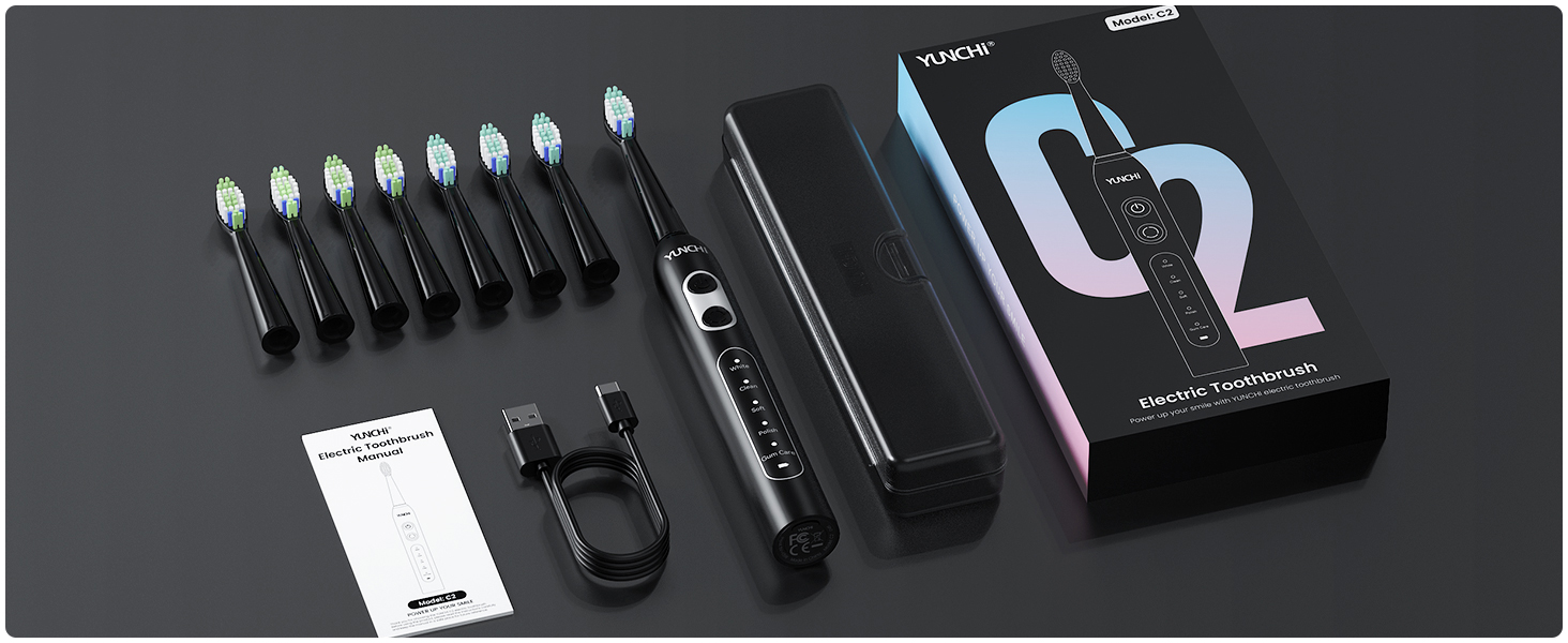 Електрична зубна щітка YUNCHI C2 з 40000 VPM, звукова щітка для дорослих, зарядка USB-C, 55 днів роботи від акумулятора, 5 режимів чищення, таймер 2 хвилини, 8 насадок, дорожній футляр, чорна YUNCHI C2