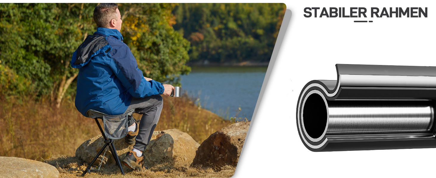 Складаний табурет EVER ADVANCED для кемпінгу, риболовлі та походів. Легкий, міцний (102 кг), з кишенею, чорно-сірий