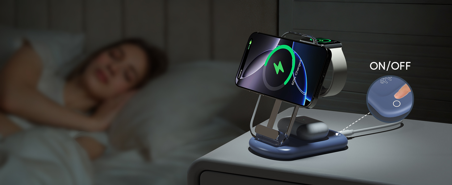 Підставка для зарядки MagSafe 3-в-1 для iPhone 17/16/15/14/13/12 Pro Max/Air/Plus/Pro та Apple Watch 10/9, AirPods 3/2/Pro (блакитна)