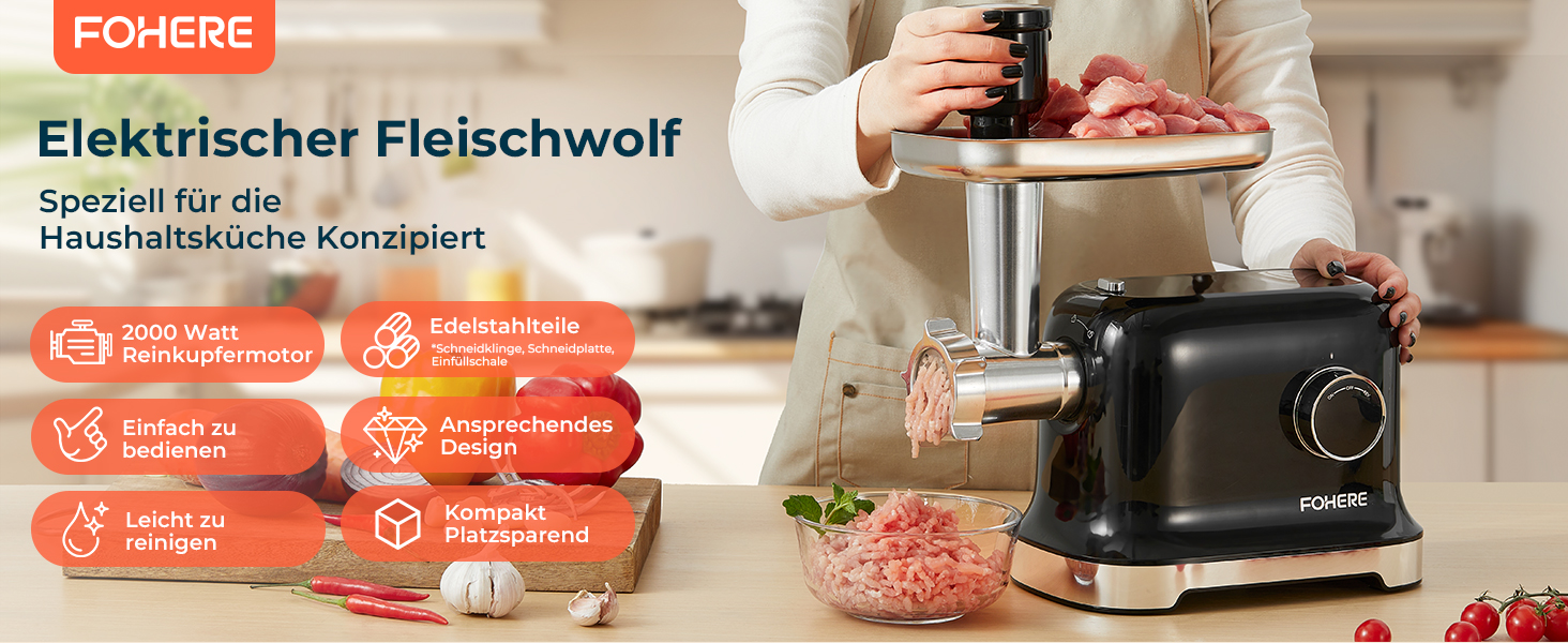 М'ясорубка електрична Fohere 2000 Вт з насадками для ковбас та кубів, 3 диски (7/5/3 мм), чорна