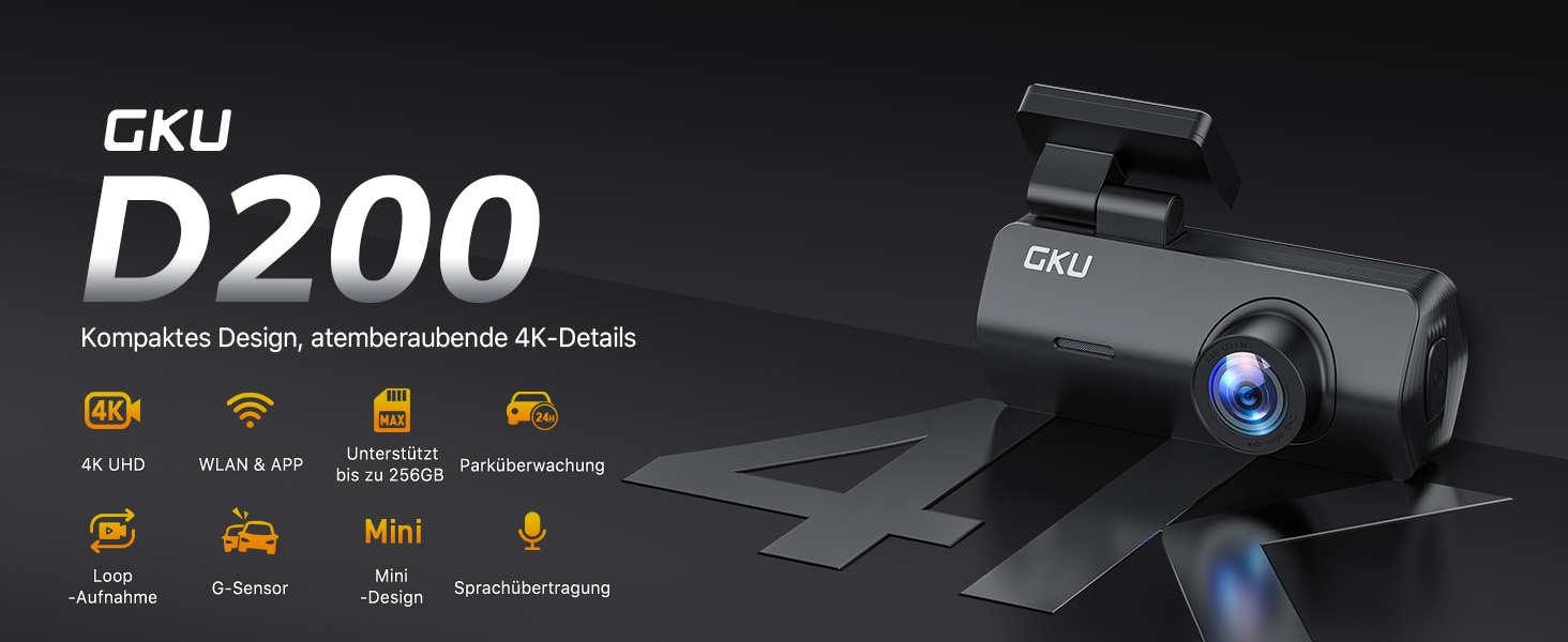 Відеореєстратор GKU 4K Auto з Wi-Fi, 170° кут огляду, Нічне бачення, WDR, 24H паркування, G-сенсор, в комплекті SD-карта 64GB, Чорний