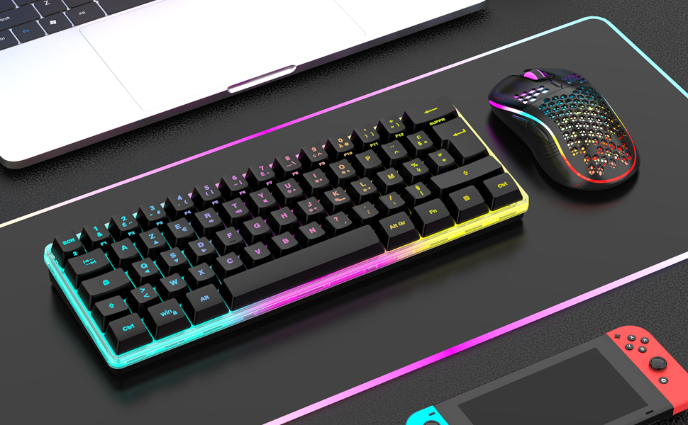 Бездротова ігрова клавіатура та миша RedThunder K62 60% RGB, AZERTY, 62 клавіші, Mini, для PC/PS5, чорний