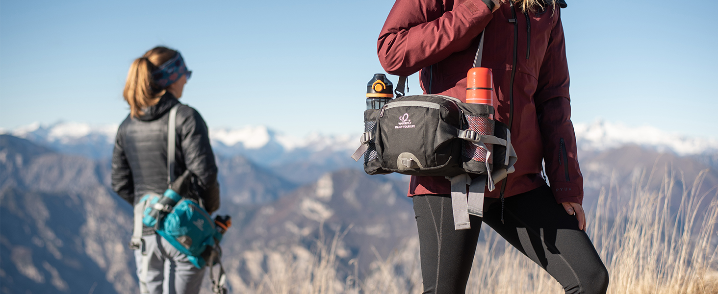 Водонепроникна поясна сумка Waterfly з тримачем для пляшки, регульованим ременем, кишенею для телефону, для туризму, подорожей, кемпінгу, чорна