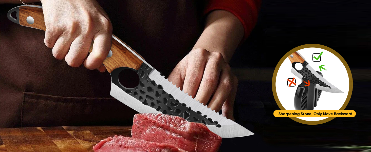 Ніж кухарський OOKUU, м'ясний тесак з точилкою та шкіряною піхвою, професійний ніж для обвалювання, гострі кухарські ножі в японському стилі, тесак для кухні на відкритому повітрі