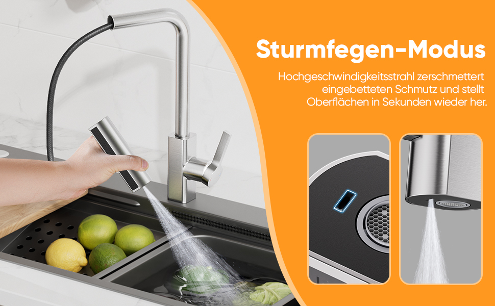 Кухонний змішувач BESy з 3 режимами струменя, висувна лійка, водоспад, поворотний на 360°, для високого тиску, з нержавіючої сталі SUS304, щіткова обробка