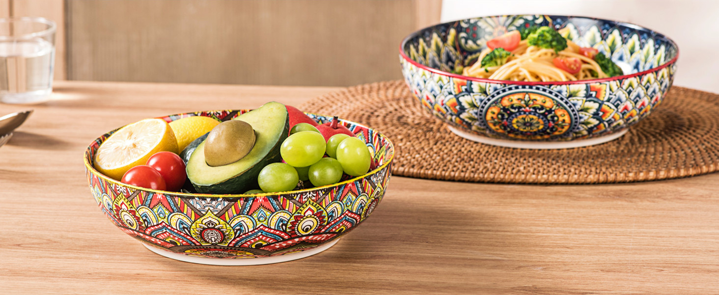 Набір тарілок Henten Home Mylo (2 шт.): супові та глибокі, 1500 мл. Тарілки для супу, пасти, салату в богемному стилі Boho, рожево-червоні відтінки