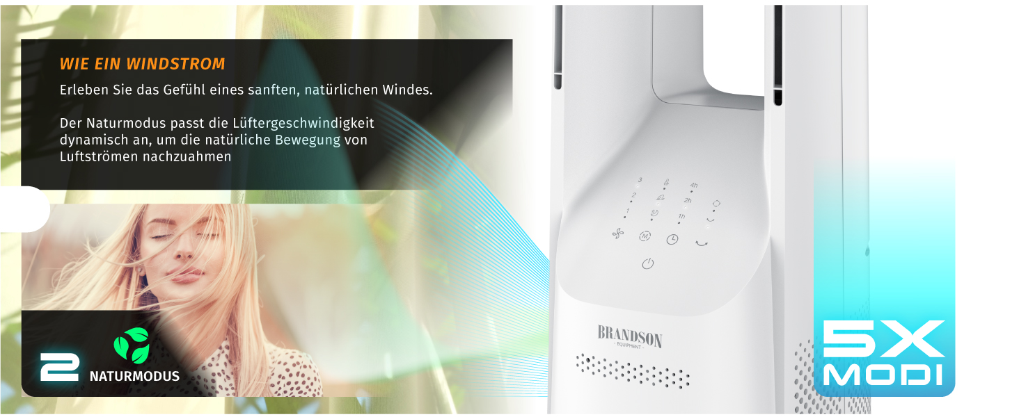 Вентилятор підлоговий безлопатевий Brandson ECO Line – тихий, з пультом, 6 швидкостей, режим сну, білий