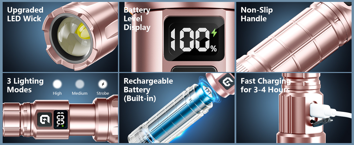 LED ліхтарик Gearlite, 6000 люмен, тактичний, з регулюванням фокусу, 3 режими, водонепроникний IP65, для кемпінгу, риболовлі, надзвичайних ситуацій, походів (рожевий)