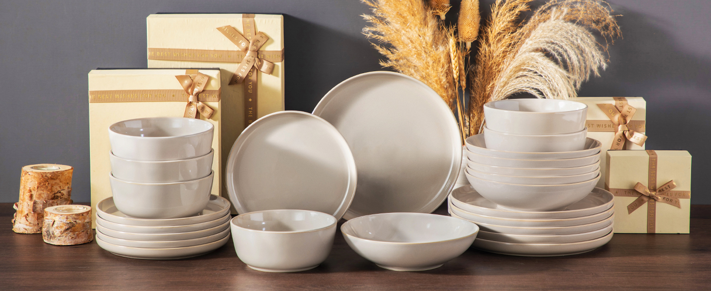 Набір чашок Vancasso PLAYA 6 шт. з ручкою 480мл, чайні чашки з кераміки, придатні для мікрохвильової печі та посудомийної машини (Бежевий, Сервіз 48 шт.)