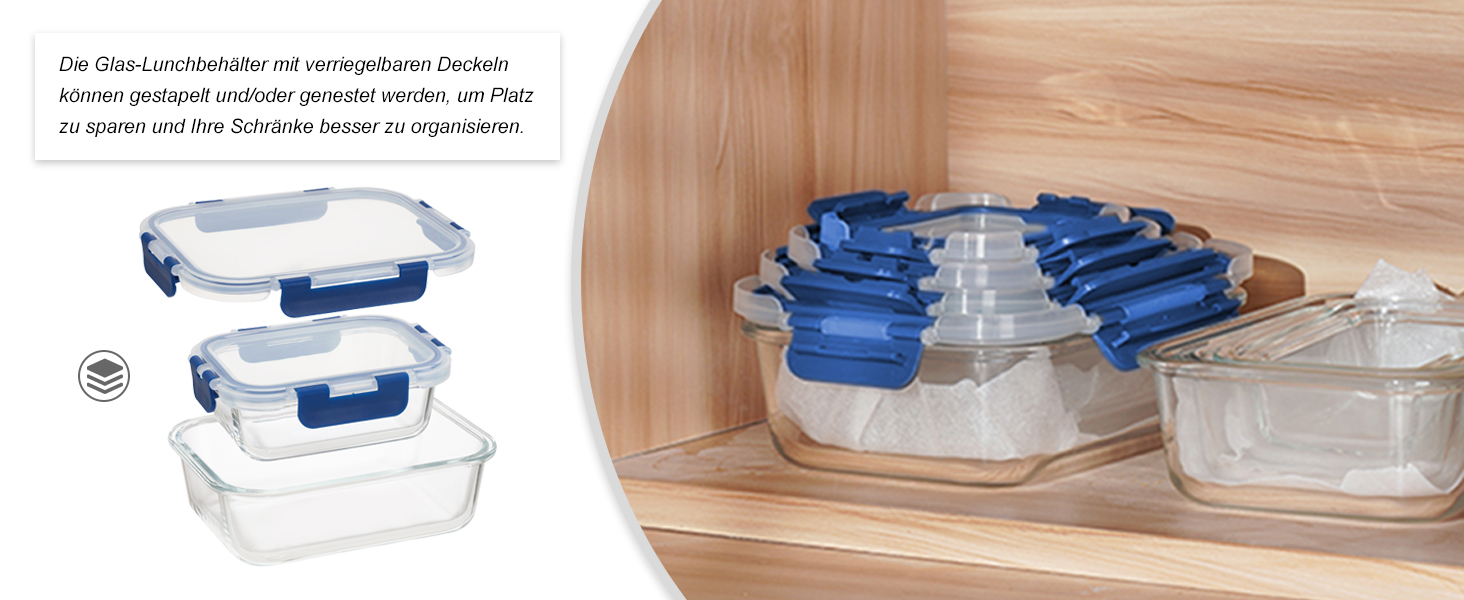 Набір скляних контейнерів для зберігання їжі з кришками з преміум-пластику, 10 шт., блакитні