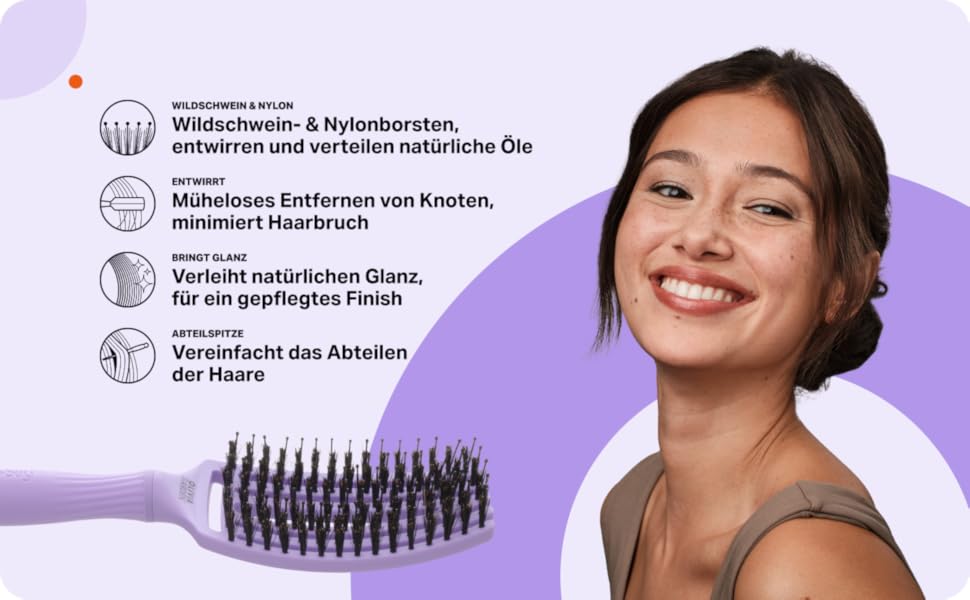 Щітка для волосся Olivia Garden Care Iconic з щетиною кабана та нейлону для блиску та гладкого укладання (лавандовий, середній)