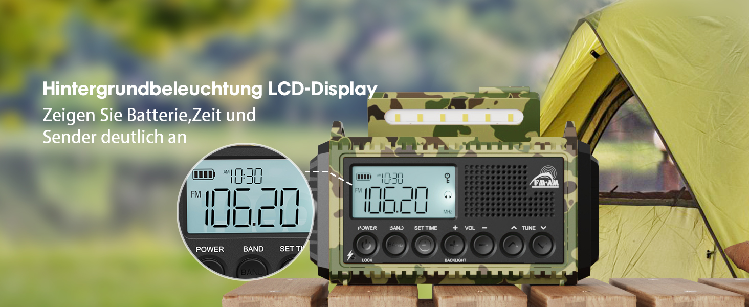 Радіо Kurbelradio на сонячній батареї та з ручкою, 12000mAh, AM/FM/SW, USB-зарядка, SOS-сигнал, ліхтарик, для кемпінгу та надзвичайних ситуацій, зелений камуфляж