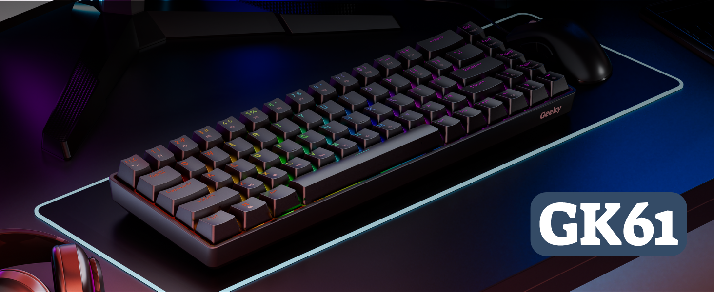 Geeky GK61: Механічна ігрова клавіатура 61% з RGB підсвічуванням | Hot-Swap | ANSI US | Speed Silver Switch (Чорний)
