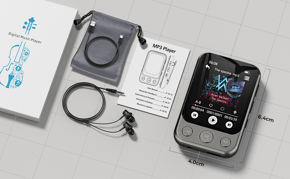 MP3-плеєр 64GB Bluetooth 5.3 з кліпсою та динаміком, спортивний музичний плеєр з сенсорним екраном та кнопками, регулятор гучності, FM-радіо, запис голосу, розширюється до 128GB, чорно-коричневий