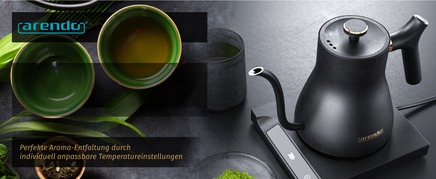 Arendo Stainless Steel Gooseneck Kettle with Temperature Control - 40° to 100° - Keep Warm Function 30 Min - 0.5 Liter - Sensor Buttons - 360° Base - Retro Design - Black