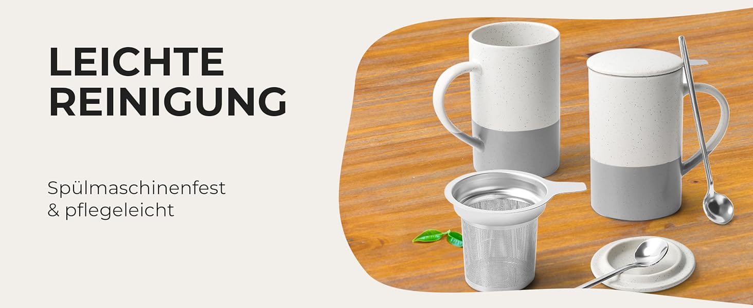 Набір чайних чашок Miamio 2 x 500 мл з кришкою та ситом, з чайним ситечком та ложкою, для заварювання листового чаю, подарунок для жінок, сумісний з мікрохвильовою піччю та посудомийною машиною (сірий)