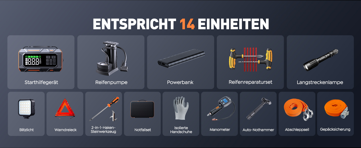 Powerbank для авто 26800mAh 7000A з компресором 160PSI, старт допомога, 5 LED, набір для ремонту шин, молоток, підтримка бензину/дизеля