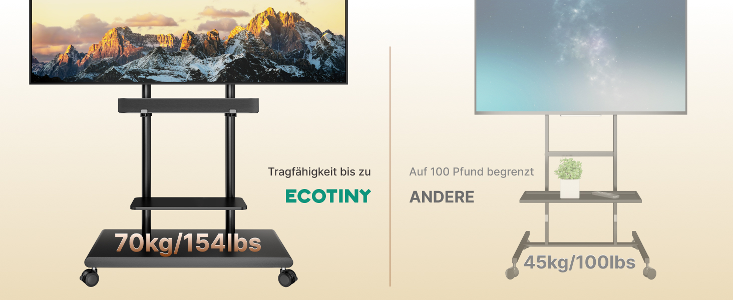 Підставка для телевізора на колесах з кріпленням для саундбару, 50-90 дюймів, до 70 кг, регульована висота та нахил, MAX VESA 600x400 мм
