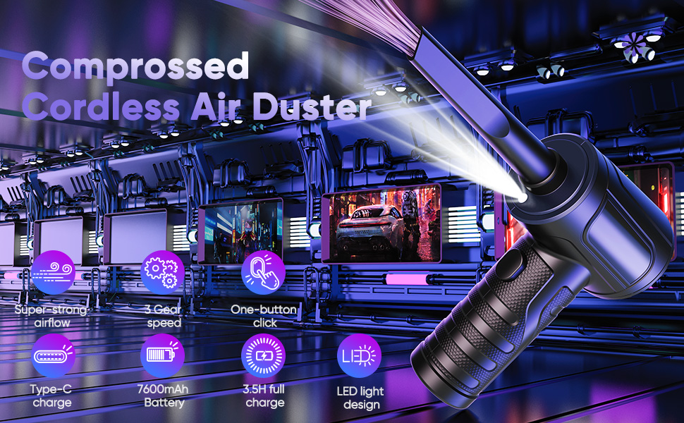 Електричний пилосос для клавіатури Staubgebläse, 3 швидкості, 91000 об/хв, акумулятор 7600mAh, USB зарядка, щітка для чищення, для ПК, ноутбука, авто, дивану, офісної техніки