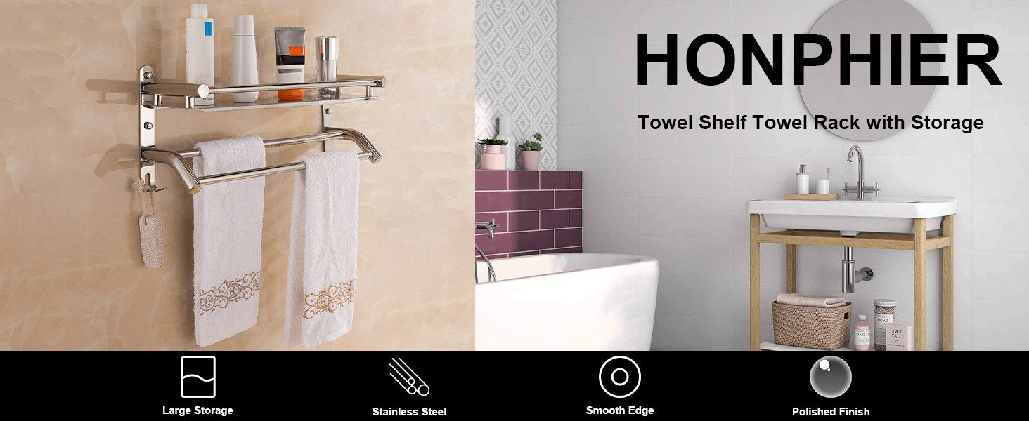 Тримач для рушників з полицею та гачками, хром, нержавіюча сталь, 59 см, для ванної кімнати, кухні, туалету