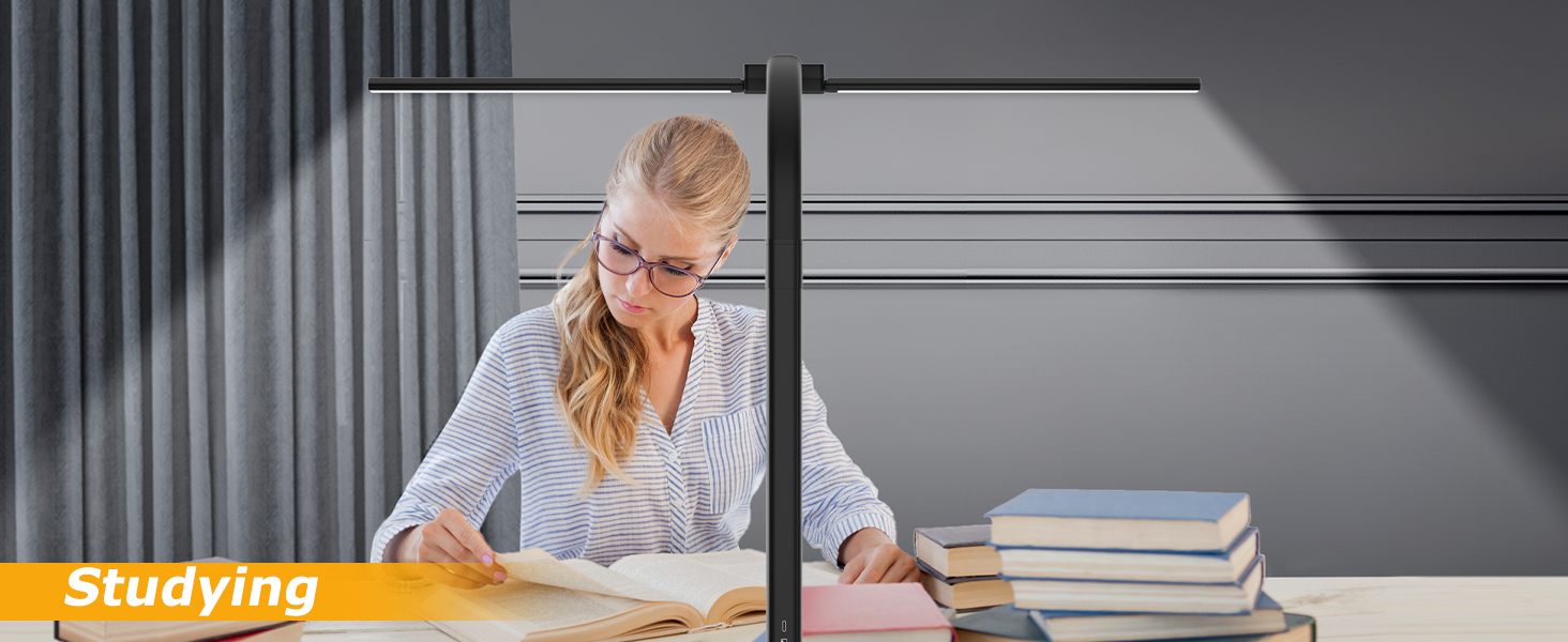 Стійка LED лампа для столу 24W з двома головками, захистом для очей, регулюванням яскравості та 10 кольорами, для дому, офісу, навчання, чорного кольору