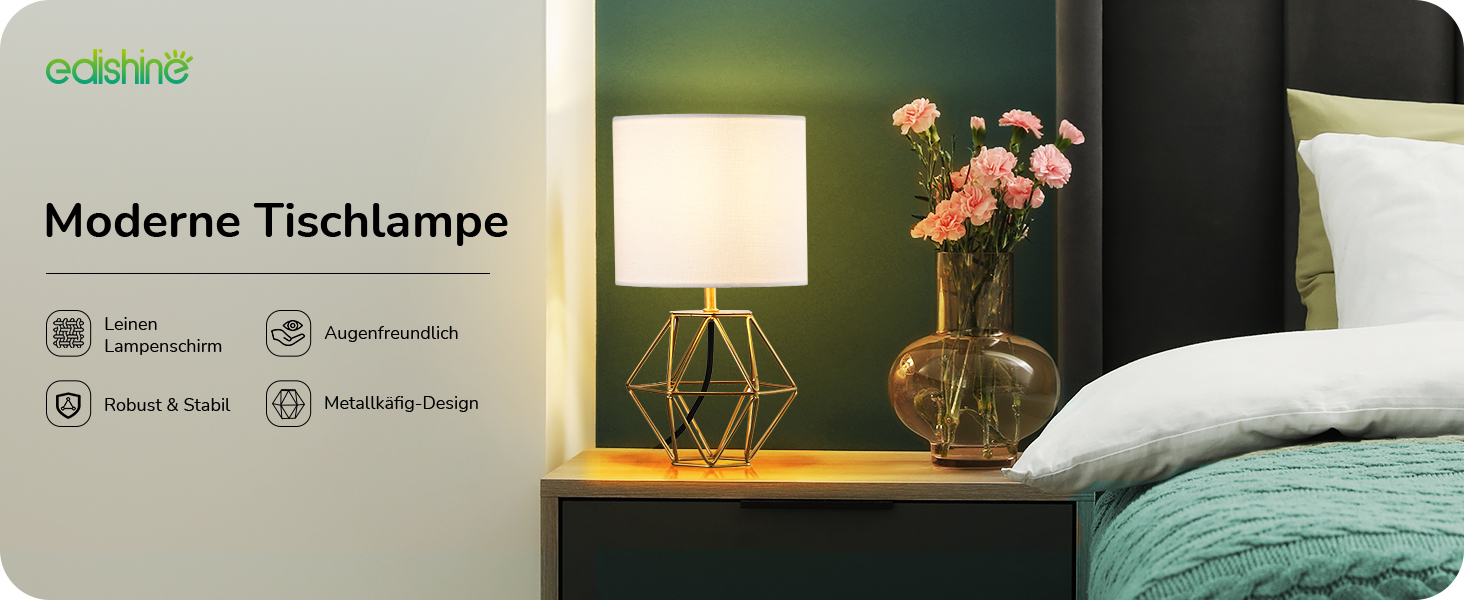 EDISHINE Настільна лампа, сучасний індустріальний дизайн, цоколь E14, вінтажний стиль, для спальні/вітальні, білий/золотий лін, золото