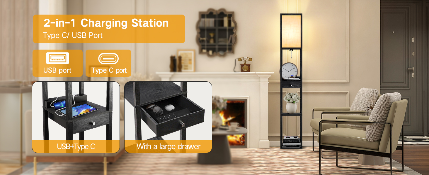 LED торшер OUTON з полицею та ящиком, 3 режими кольору, таймер 1год, 2 USB порти, для вітальні, спальні, офісу (Чорний)