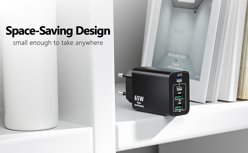 Зарядний пристрій USB-C 65W з кабелем, GaN 4-порти, швидка зарядка для MacBook, iPad, iPhone 15/16 Pro Max, Samsung Galaxy S23/S24 (2м USB-C - USB-C, чорний)