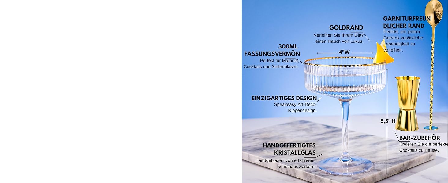 Набір з 4 елегантних келихів для Еспресо Мартіні Vemacity | Ручна робота | Келихи для шампанського, Маргарити та коктейлів | Преміум якість