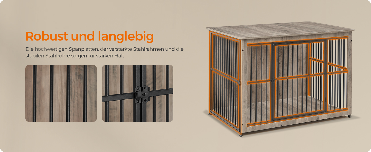 Клітка для собак Feandrea XL, меблева, з журнальним столиком, для собак до 37 кг, міцна, закритий дно, 2 двері, сірий меланж (110 x 76 x 82 см)