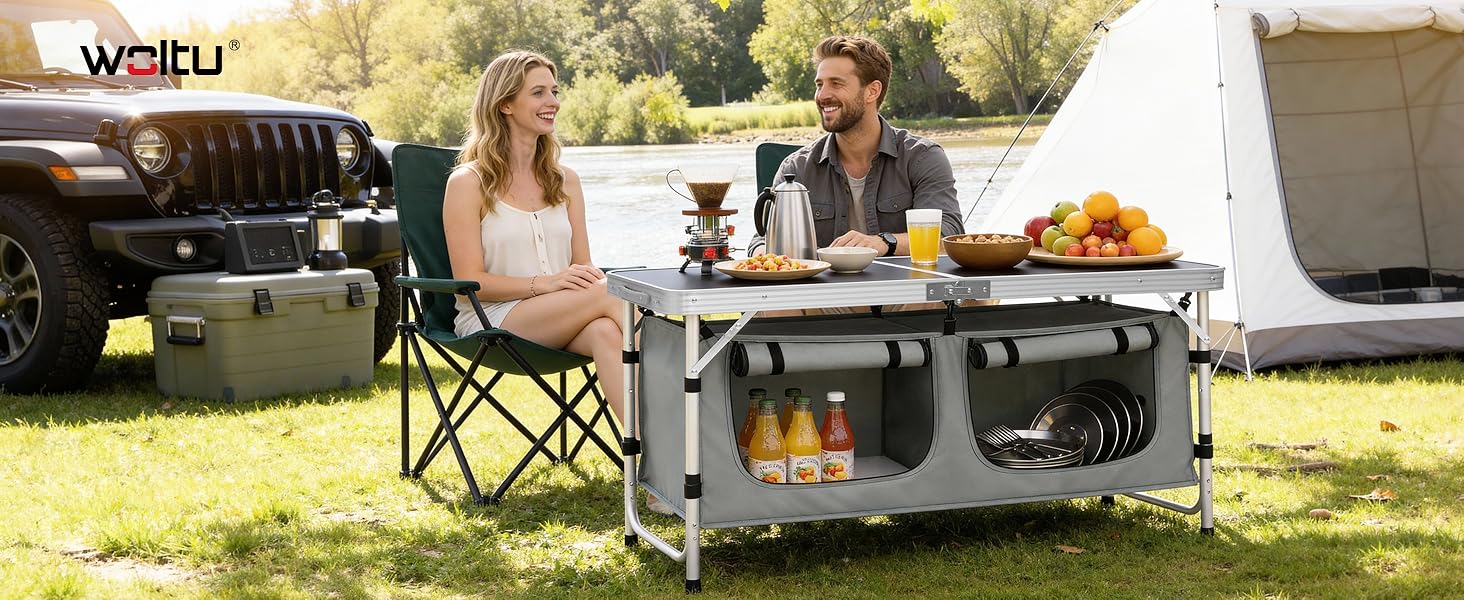 Складний алюмінієвий кемпінговий стіл-шафа WOLTU з регульованою висотою, чорно-сірий. Меблі для пікніка, пляжу, саду.