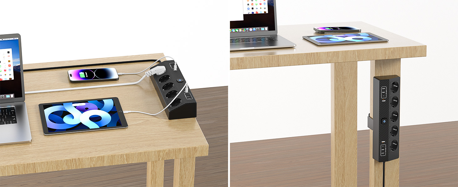 Мережевий фільтр PASSUS з 5 розетками, 2 USB-C (PD 30W), захист від перенапруги, індивідуальне вмикання, 10-в-1, з кабелем 2м, для офісу, чорний