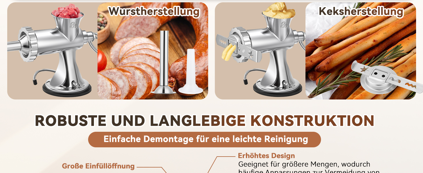 М'ясорубка ручна Hanchen з нержавіючої сталі з присоскою, насадкою для ковбас, 2 дисками та шреддером для овочів - посудомийна