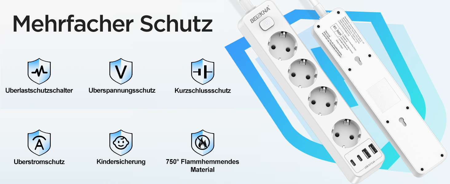 Розподільник розеток з 4 USB та захистом від перенапруги, 4000W, 16A, з вимикачем, 1.8м кабель, білий